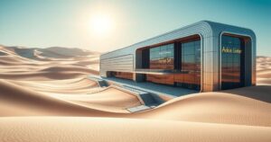 A digital rendering of a futuristic chip manufacturing facility in a desert landscape with modern architecture.
