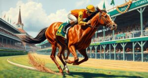 Race scene capturing a majestic horse crossing the finish line at Churchill Downs, showcasing competitive equestrian sports.