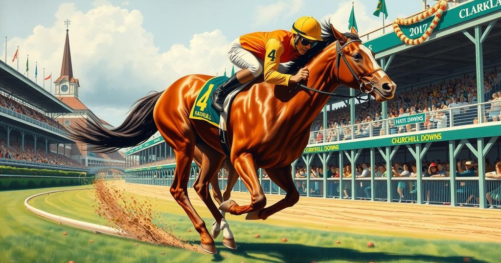 Race scene capturing a majestic horse crossing the finish line at Churchill Downs, showcasing competitive equestrian sports.