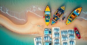 Aerial view of a serene beach with fishing boats and fresh fish on display, emphasizing small-scale fisheries.