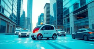A futuristic robotaxi on a city road with modern skyscrapers in the background, showcasing technology and mobility.