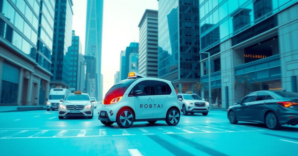 A futuristic robotaxi on a city road with modern skyscrapers in the background, showcasing technology and mobility.