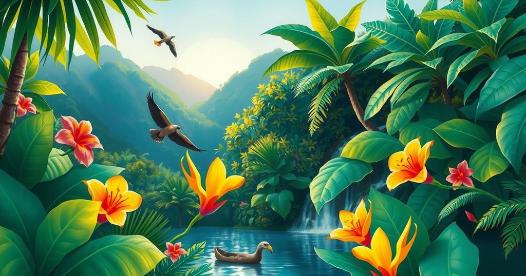Lush Brazilian landscape with vibrant flora and serene settings reflecting cultural heritage.