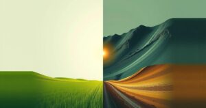 A stylized abstract composition symbolizing conflict resolution, featuring two contrasting landscapes in subdued colors.