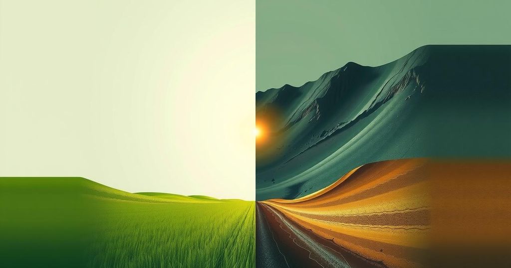 A stylized abstract composition symbolizing conflict resolution, featuring two contrasting landscapes in subdued colors.