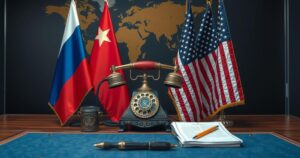 A symbolic representation of diplomacy between two leaders featuring a telephone, flags, and a map.
