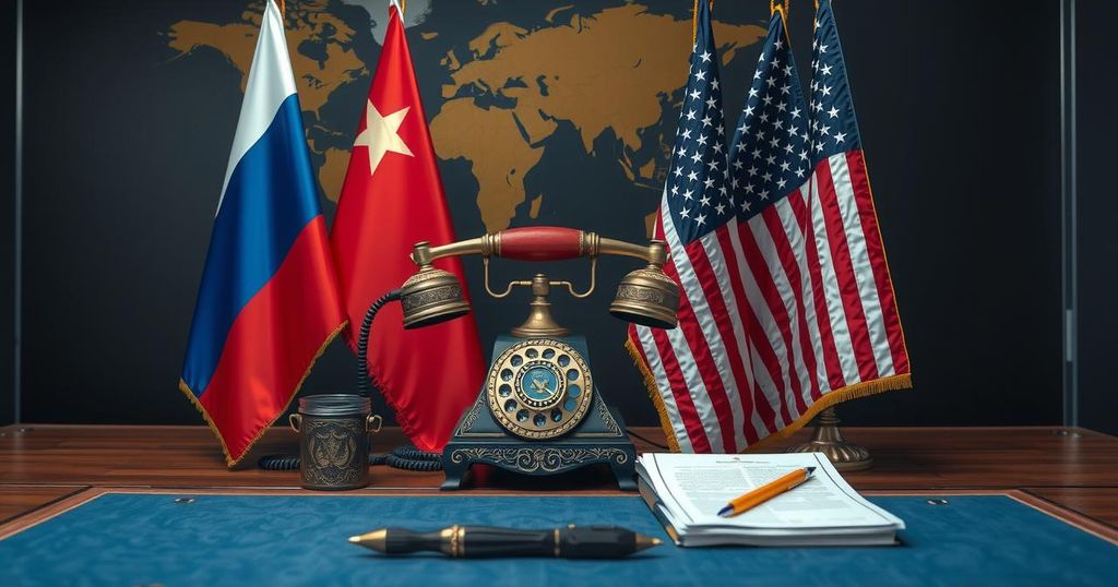A symbolic representation of diplomacy between two leaders featuring a telephone, flags, and a map.