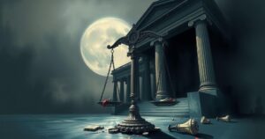 Abstract representation of democracy erosion with dark tones, showing broken scales and shadows of power structures.