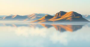 Kazakhstan landscape with a serene lake, symbolizing remembrance and loss, in soft pastels and impressionist style.