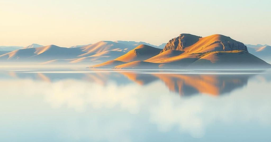 Kazakhstan landscape with a serene lake, symbolizing remembrance and loss, in soft pastels and impressionist style.