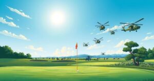 A cartoon depicting an empty golf course under a bright blue sky with war imagery subtly integrated, representing irony.
