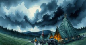 A military camp under a dramatic sky with dark clouds, reflecting tension and uncertainty in a watercolor style.