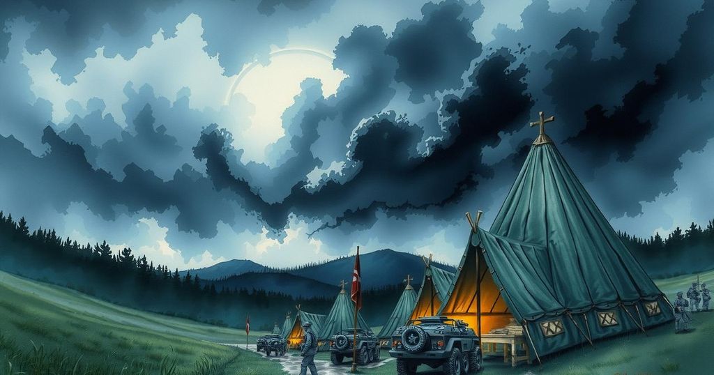 A military camp under a dramatic sky with dark clouds, reflecting tension and uncertainty in a watercolor style.