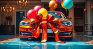 A luxurious car with a giant bow and colorful balloons, symbolizing philanthropy and wealth in a flashy lifestyle.