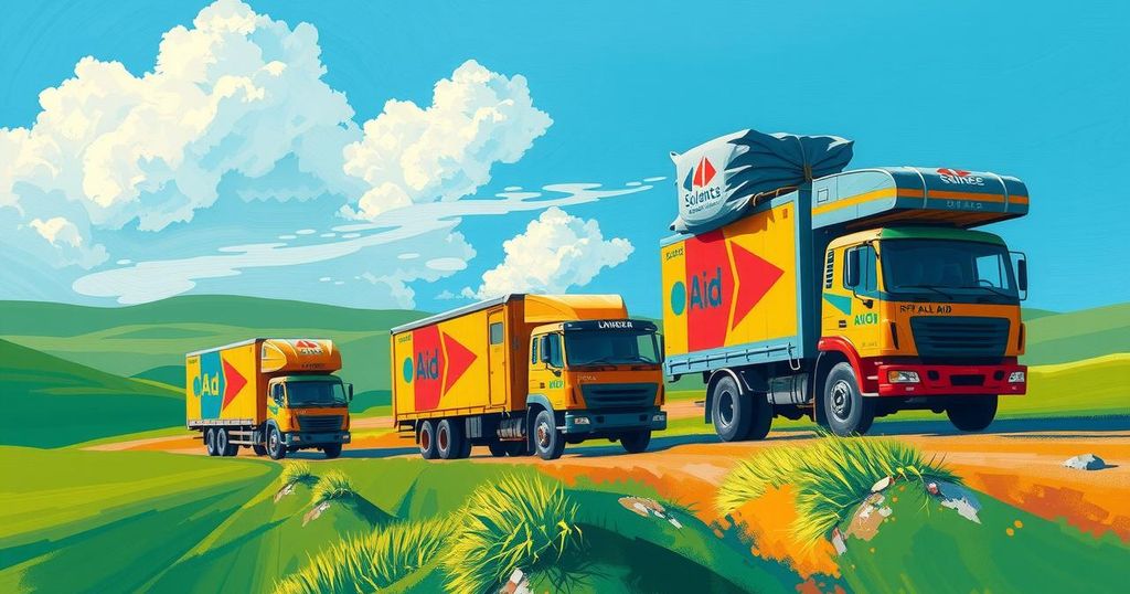 Abstract representation of Ukraine providing humanitarian aid to Africa with flags and symbolic elements of connection.