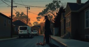 A somber scene depicting a peaceful street with shadowy figures, illustrating tension without human presence.