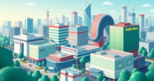 A vibrant cityscape highlighting healthcare advancements with pharmaceutical architecture in a modern illustration style.