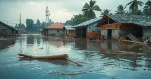 A flooded landscape in Nigeria showcasing submerged buildings and debris after heavy rainfall, emphasizing nature's impact.