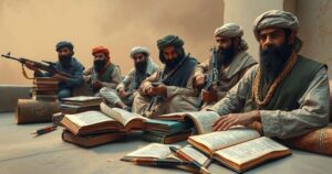 Taliban figures documenting war through writing, surrounded by books and pens in a serene setting.