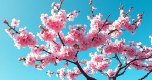 Japanese cherry blossoms with vibrant pink and white flowers against a clear blue sky.
