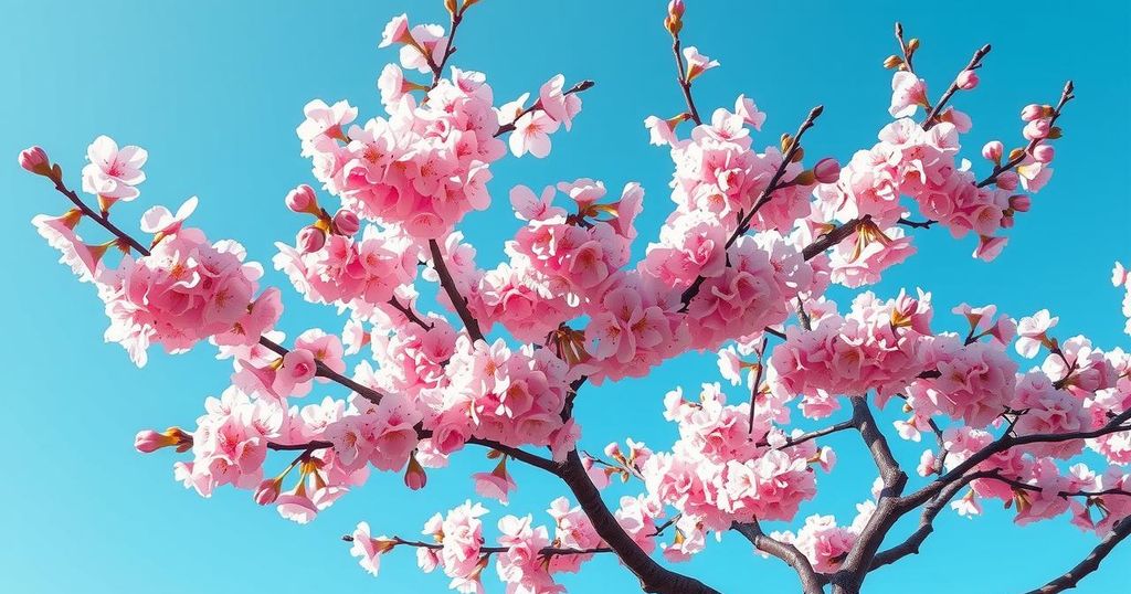 Japanese cherry blossoms with vibrant pink and white flowers against a clear blue sky.