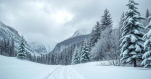 A wintery landscape of Glacier Park showcasing heavy snow accumulation on pine trees and mountains under a cloudy sky.