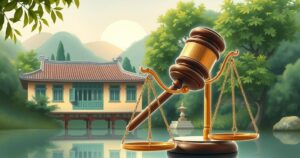 A conceptual representation of a gavel and scales symbolizing law reform against a backdrop of a serene Vietnamese landscape.