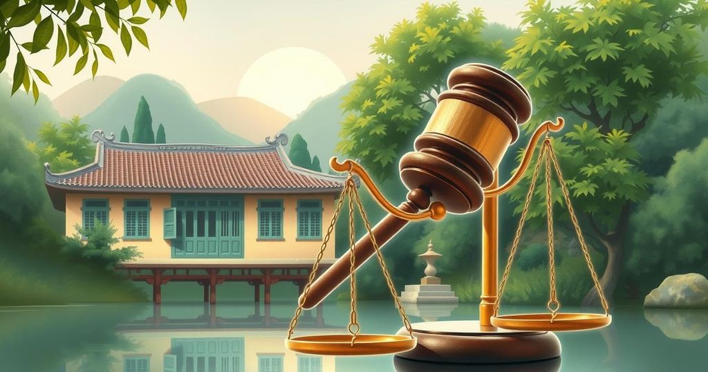 A conceptual representation of a gavel and scales symbolizing law reform against a backdrop of a serene Vietnamese landscape.