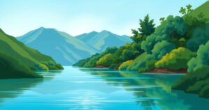 A peaceful landscape showing the Congo and Rwanda's borders, with calm waters and greenery, symbolizing unity.