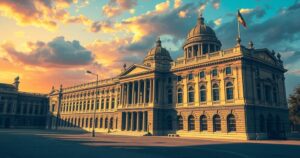 A vibrant political illustration depicting a parliament building surrounded by contrasting light and shadows, symbolizing opposition dynamics.