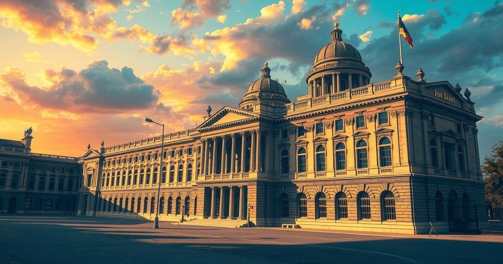 A vibrant political illustration depicting a parliament building surrounded by contrasting light and shadows, symbolizing opposition dynamics.