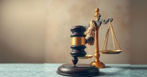 A symbolic representation of justice with a gavel and scales, set against a neutral-toned background.