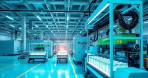 A vibrant factory scene featuring modern battery production technology for electric vehicles.