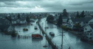 Floodwaters covering streets in a city with submerged homes and trees amidst a gray sky.