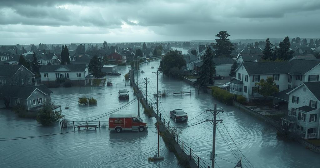 Floodwaters covering streets in a city with submerged homes and trees amidst a gray sky.