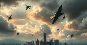 Tehran skyline with increased aerial activity, showcasing clouds and aircraft in a dramatic scene.