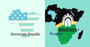 Collage of maps of Democratic Republic of Congo and Rwanda, symbolizing peace and hope through vibrant colors.