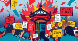 Illustration of a police station surrounded by protest signs advocating for justice and accountability in Kenya.