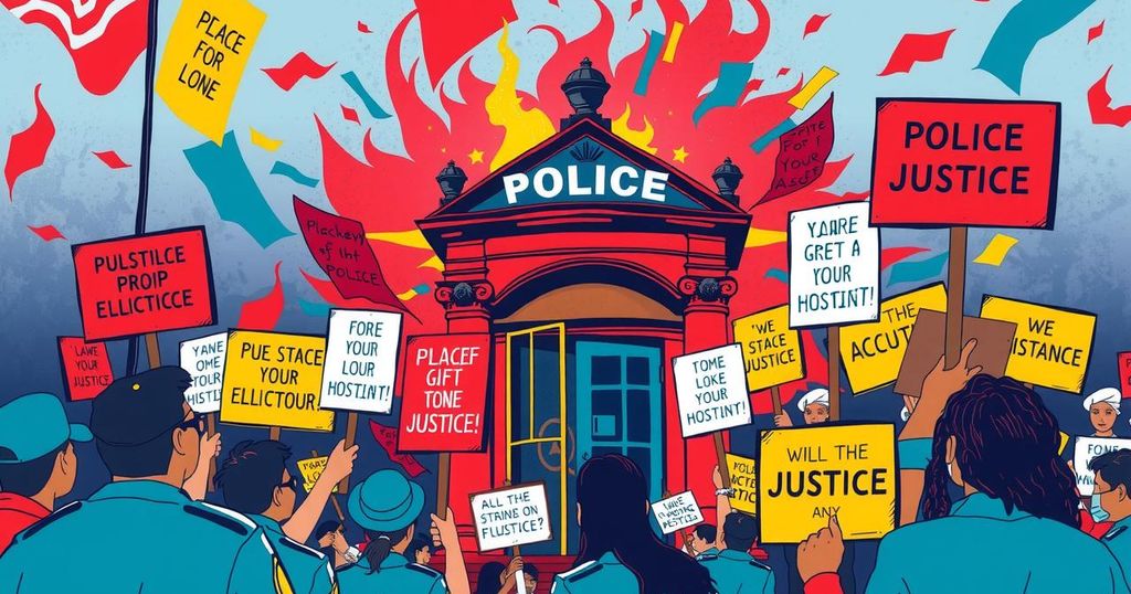 Illustration of a police station surrounded by protest signs advocating for justice and accountability in Kenya.