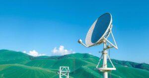 A satellite dish under a bright sky symbolizing internet connectivity, with distant mountains representing Lebanon's landscape.