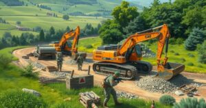 Soldiers and machinery working on construction in a green landscape, symbolizing cooperation and rebuilding.
