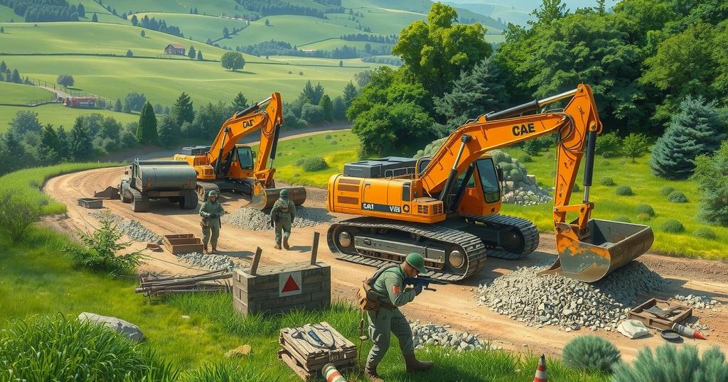 Soldiers and machinery working on construction in a green landscape, symbolizing cooperation and rebuilding.