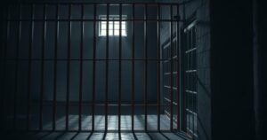 Dark prison bars with isolated shadows representing uncertainty and confinement in a stark environment.
