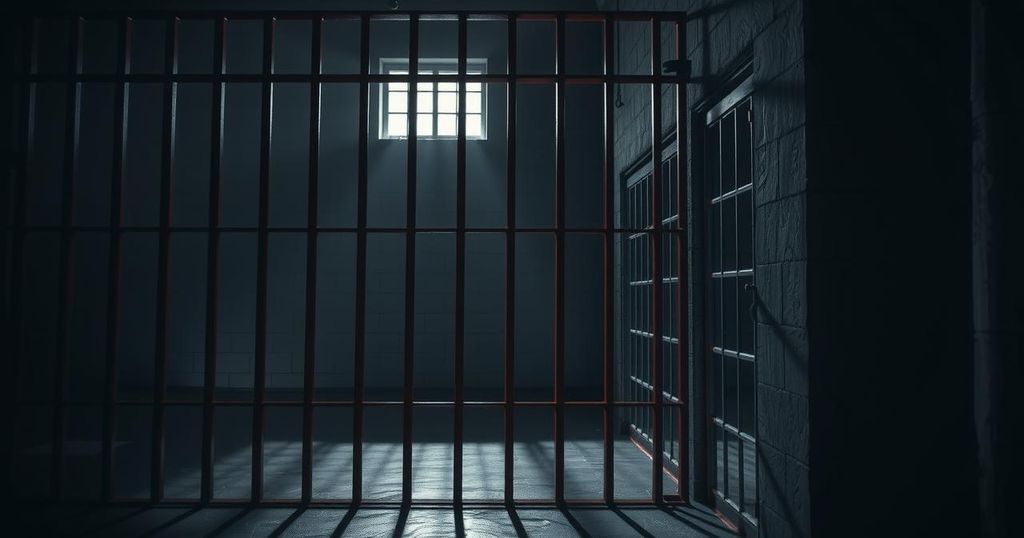 Dark prison bars with isolated shadows representing uncertainty and confinement in a stark environment.