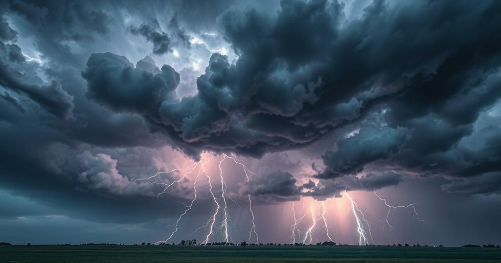 A dramatic sky filled with dark clouds and bright lightning, showcasing a thunderstorm over Montana landscapes.