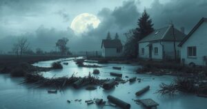 Flood-devastated landscape with debris and a somber atmosphere, evoking community resilience through artful brushstrokes.
