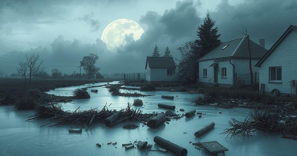 Flood-devastated landscape with debris and a somber atmosphere, evoking community resilience through artful brushstrokes.