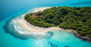 Aerial view of Montebello Islands showing sandy beaches, turquoise waters, and scattered greenery, reflecting a serene landscape.