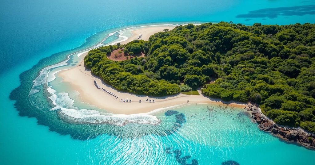 Aerial view of Montebello Islands showing sandy beaches, turquoise waters, and scattered greenery, reflecting a serene landscape.