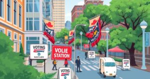 Polls open for New Jersey primary elections featuring governor candidates and voting details in a dynamic urban landscape.